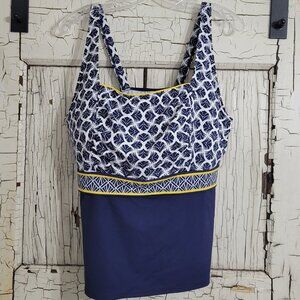Land's End Tankini Swim Suit Top Underwire Bra Deep Sea Navy Blue White 16W DDD